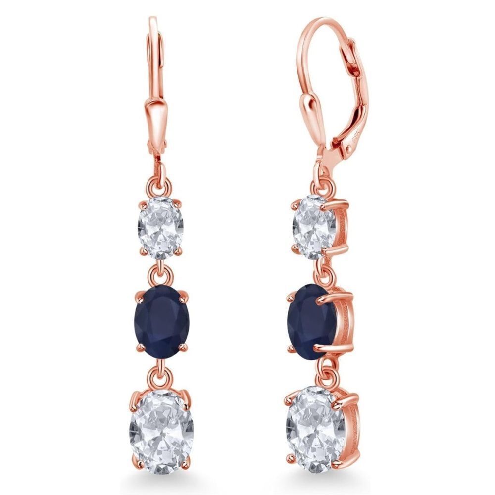 18K Rose Gold with 6.20Cttw 3 Stone White Topaz and Blue Sapphire Drop Earrings